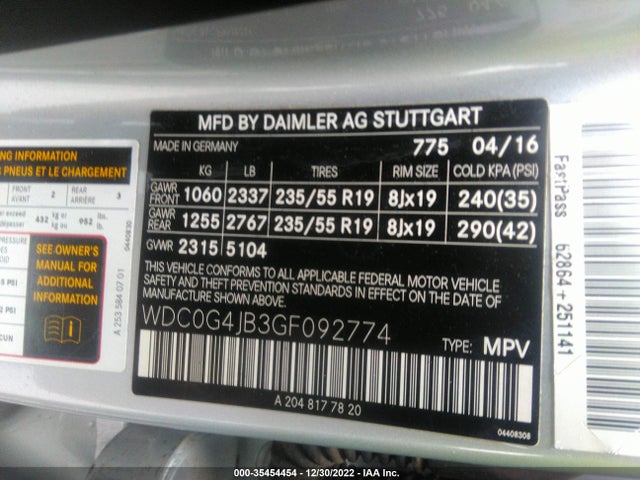 2016 MERCEDES-BENZ GLC GLC 300 VIN: WDC0G4JB3GF092774