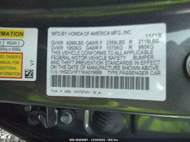 2019 HONDA ACCORD SEDAN LX 1.5T VIN: 1HGCV1F11KA019689