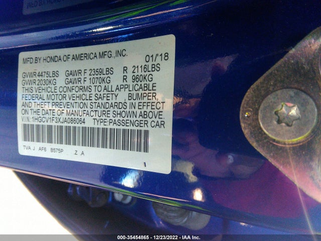 2018 HONDA ACCORD SEDAN SPORT 1.5T VIN: 1HGCV1F3XJA086064