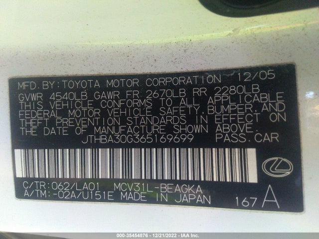 Lexus ES 330 2006 JTHBA30G365169699 Image 10