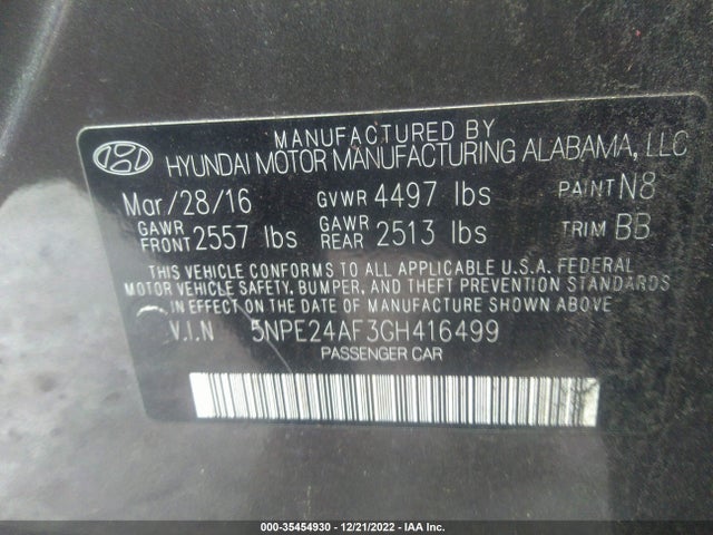 Hyundai Sonata 2.4l 2016 5NPE24AF3GH416499 Image 9