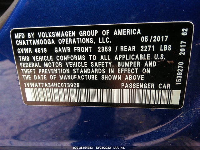 2017 Volkswagen Passat, VIN: 1VWAT7A34HC073926