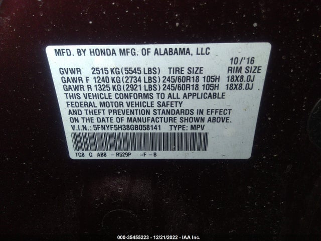 Honda Pilot Ex 2016 5FNYF5H38GB058141 Image 9