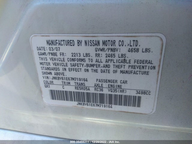 2007 INFINITI G35 SEDAN VIN: JNKBV61E67M719164