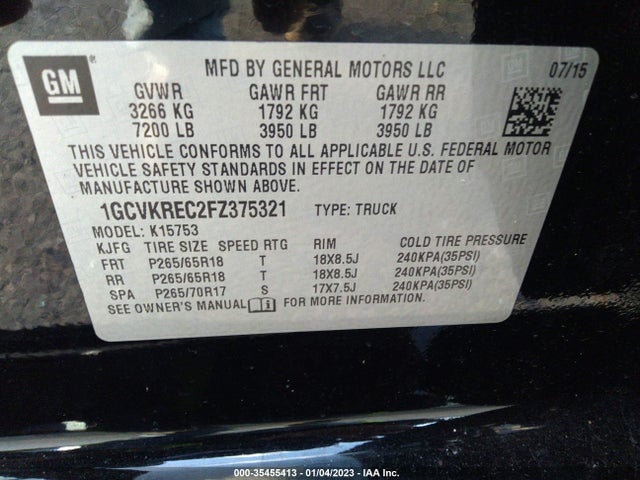 2015 CHEVROLET SILVERADO 1500 LT VIN: 1GCVKREC2FZ375321
