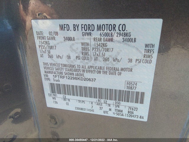 2008 FORD F-150 XL/STX/XLT VIN: 1FTRF12298KD20637