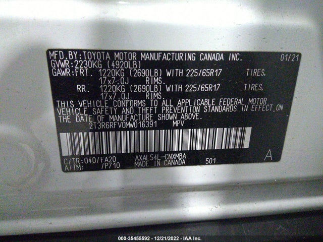 2021 TOYOTA RAV4 HYBRID VIN: 2T3R6RFV0MW016391