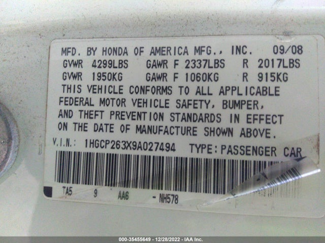 2009 HONDA ACCORD SDN LX VIN: 1HGCP263X9A027494