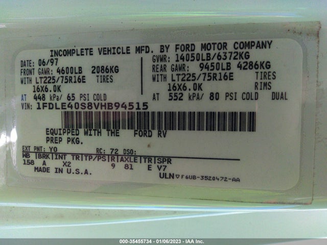 1997 FORD ECONOLINE E450 SUPER DUTY CUTWY  RV VIN: 1FDLE40S8VHB94515