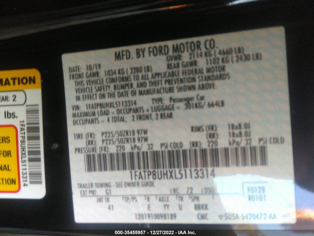2020 FORD MUSTANG ECOBOOST VIN: 1FATP8UHXL5113314