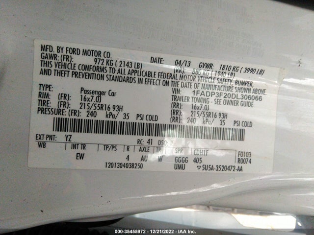 2013 FORD FOCUS SE VIN: 1FADP3F20DL306066