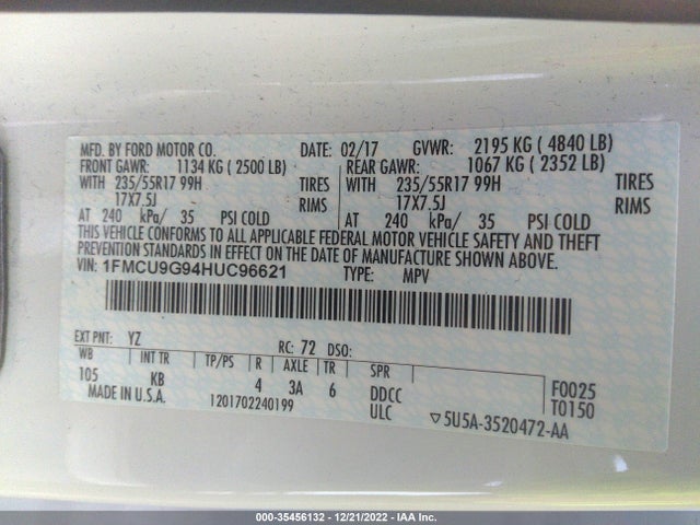2017 Ford Escape, VIN: 1FMCU9G94HUC96621