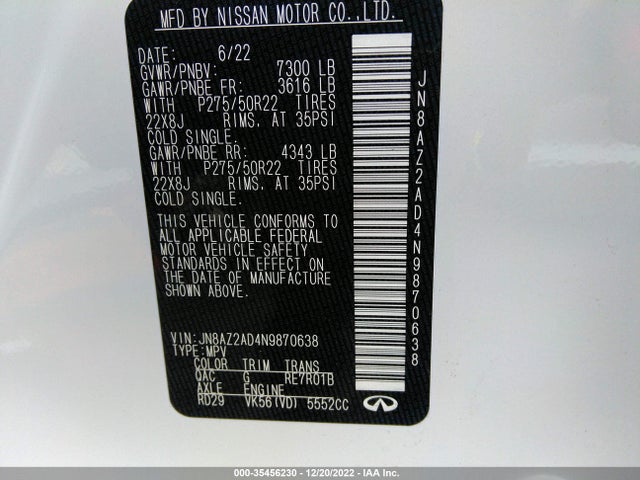 2022 Infiniti QX80, VIN: JN8AZ2AD4N9870638