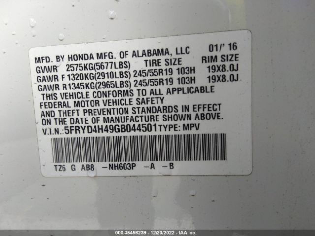 5FRYD4H49GB044501 Acura Mdx W/tech/w/tech