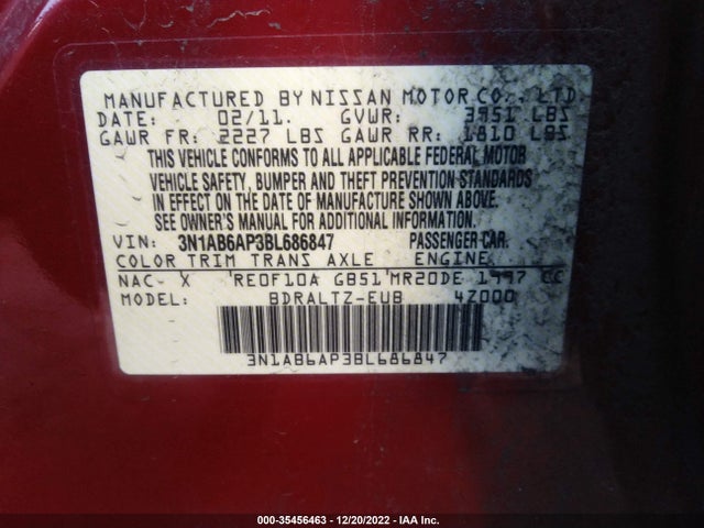 2011 NISSAN SENTRA 2.0 S VIN: 3N1AB6AP3BL686847