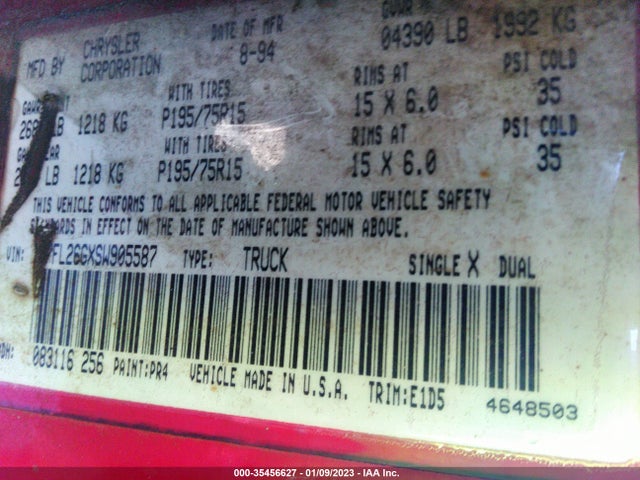 1995 DODGE DAKOTA VIN: 1B7FL26GXSW905587
