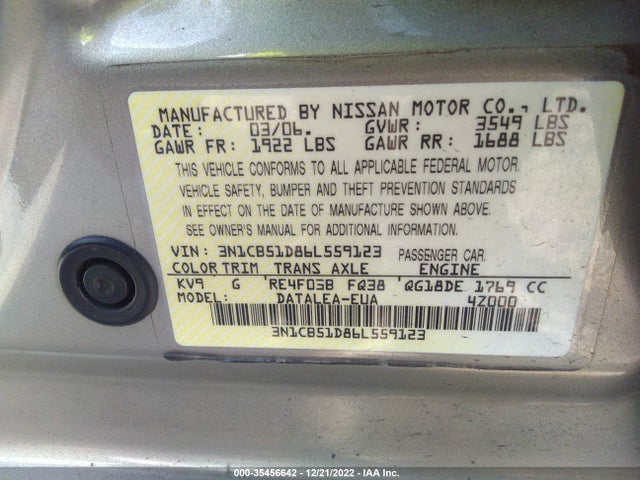2006 NISSAN SENTRA 1.8 S VIN: 3N1CB51D86L559123