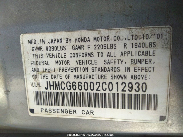 2002 HONDA ACCORD SDN EX VIN: JHMCG66002C012930