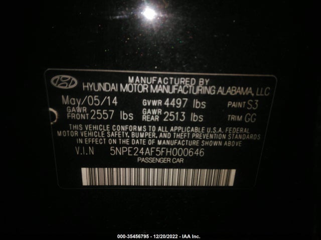 2015 HYUNDAI SONATA 2.4L SE VIN: 5NPE24AF5FH000646