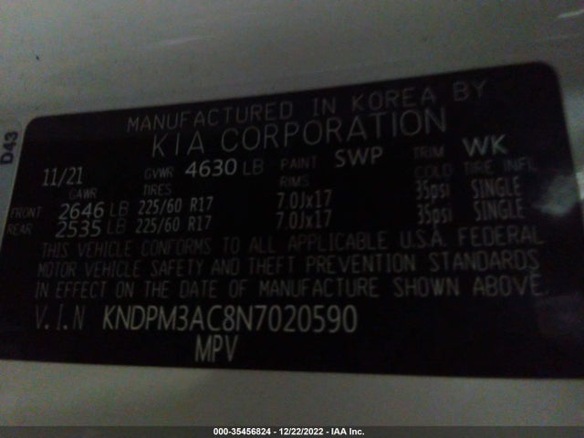 2022 Kia Sportage, VIN: KNDPM3AC8N7020590