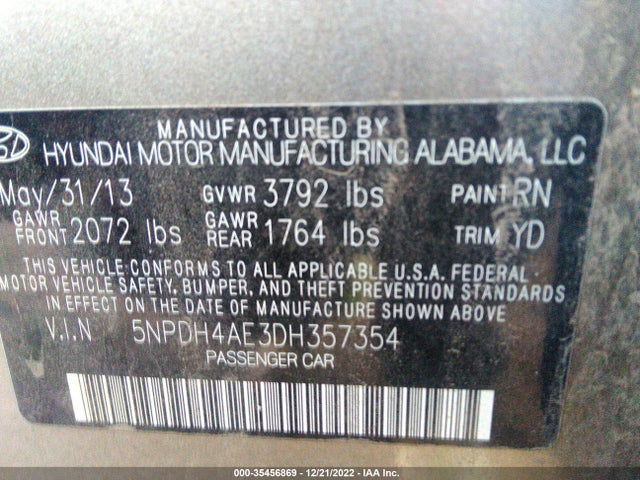 2013 HYUNDAI ELANTRA GLS PZEV VIN: 5NPDH4AE3DH357354