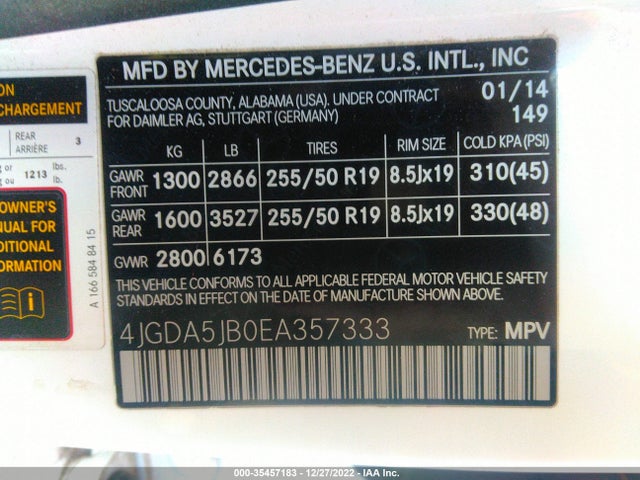 2014 MERCEDES-BENZ M-CLASS ML 350 VIN: 4JGDA5JB0EA357333
