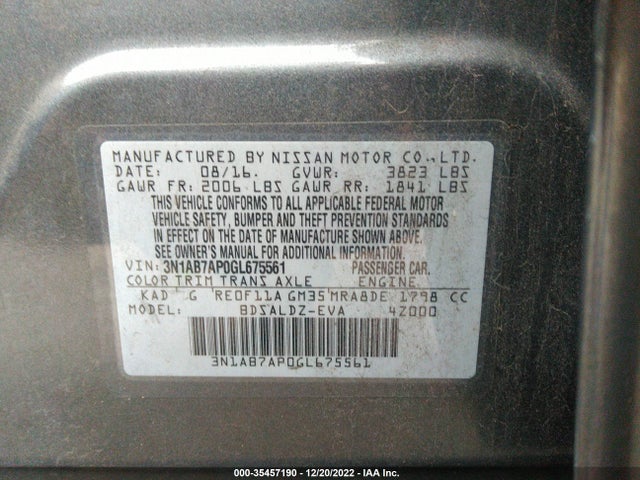 2016 NISSAN SENTRA SV VIN: 3N1AB7AP0GL675561