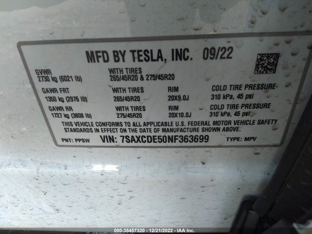 2022 Tesla Model X, VIN: 7SAXCDE50NF363699