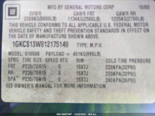 2001 GMC JIMMY SLE VIN: 1GKCS13W812175149