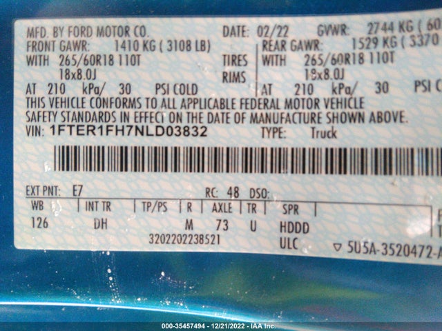 2022 FORD RANGER XL/XLT/LARIAT VIN: 1FTER1FH7NLD03832