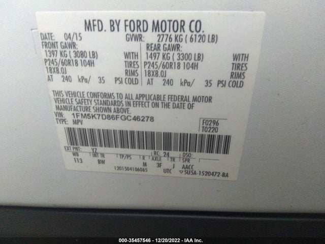 2015 FORD EXPLORER XLT VIN: 1FM5K7D86FGC46278