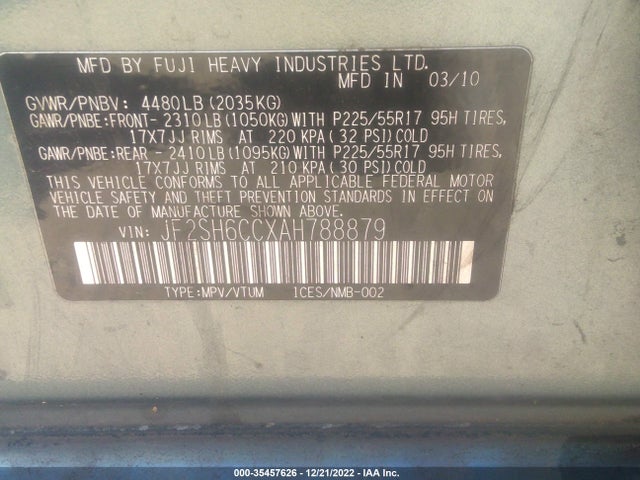 2010 SUBARU FORESTER 2.5X PREMIUM VIN: JF2SH6CCXAH788879