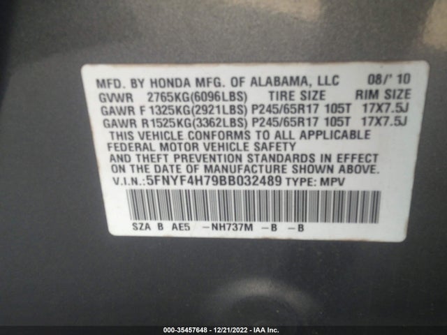 2011 HONDA PILOT EX-L VIN: 5FNYF4H79BB032489