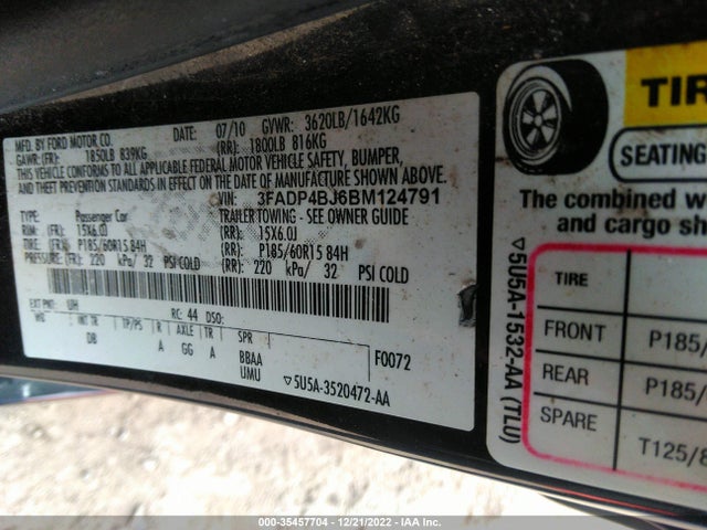 2011 FORD FIESTA SE VIN: 3FADP4BJ6BM124791