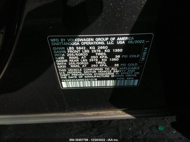 2022 Volkswagen Atlas, VIN: 1V2KE2CAXNC221216