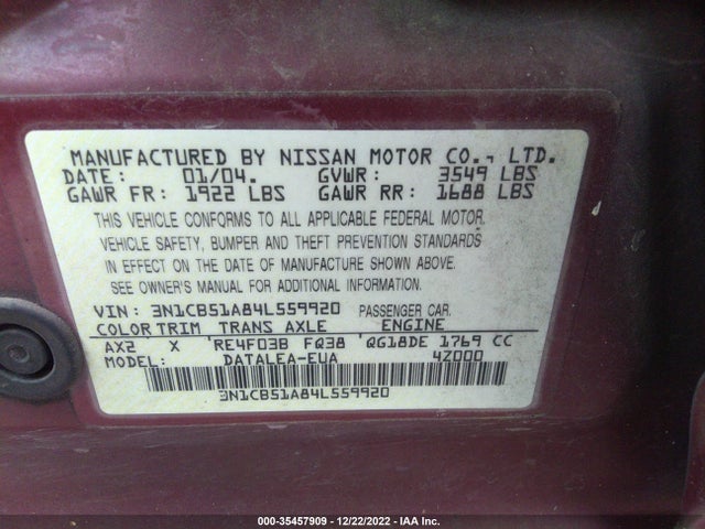 2004 NISSAN SENTRA S VIN: 3N1CB51A84L559920