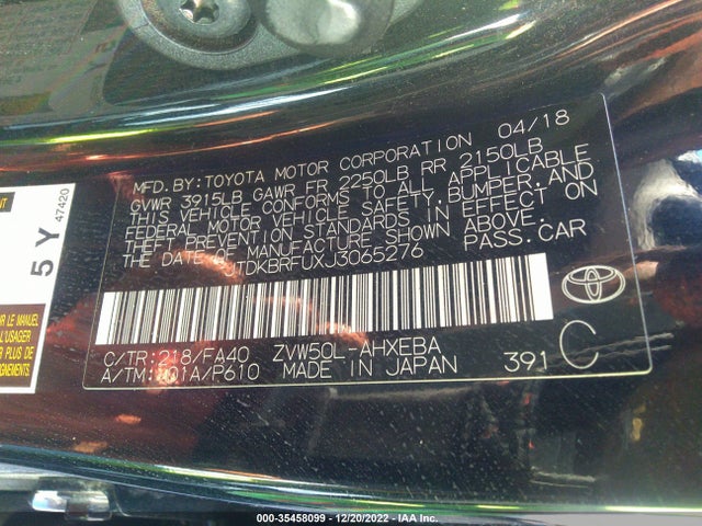2018 Toyota Prius, VIN: JTDKBRFUXJ3065276