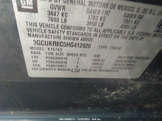 2017 Chevrolet Silverado 1500, VIN: 3GCUKREC5HG412926