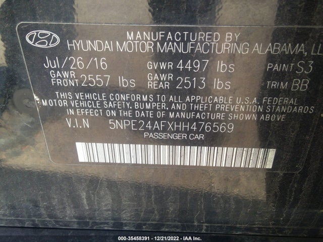 2017 HYUNDAI SONATA SE VIN: 5NPE24AFXHH476569