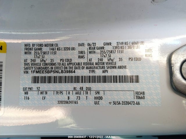 2022 Ford Bronco, VIN: 1FMEE5BP5NLB39864
