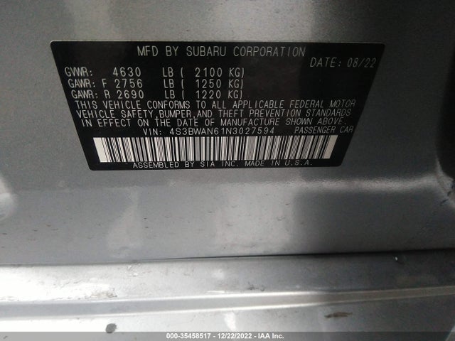 2022 Subaru Legacy, VIN: 4S3BWAN61N3027594