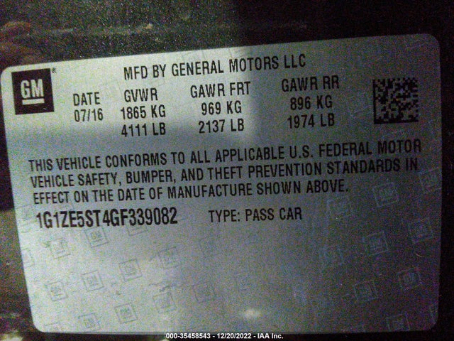 2016 Chevrolet Malibu, VIN: 1G1ZE5ST4GF339082
