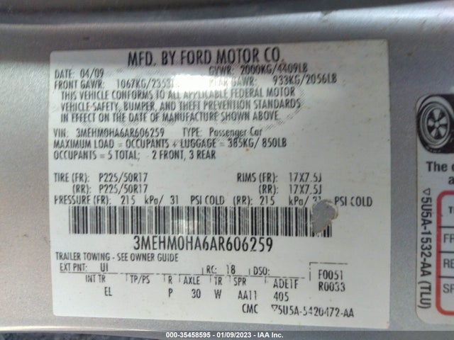 2010 MERCURY MILAN VIN: 3MEHM0HA6AR606259