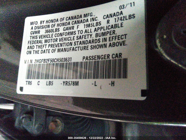 2012 HONDA CIVIC SDN LX VIN: 2HGFB2F50CH503631