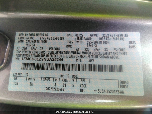 2022 Ford Escape, VIN: 1FMCU0LZ9NUA25244