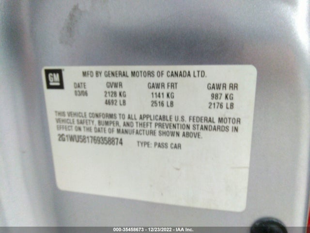 2006 CHEVROLET IMPALA LTZ VIN: 2G1WU581769358874