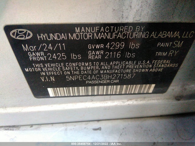 2011 HYUNDAI SONATA LTD PZEV VIN: 5NPEC4AC3BH271587