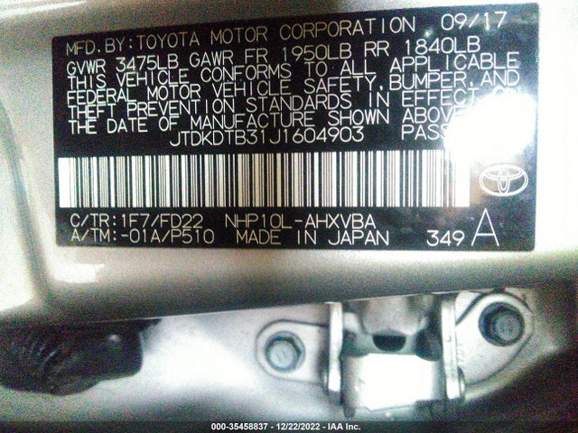 2018 Toyota Prius, VIN: JTDKDTB31J1604903