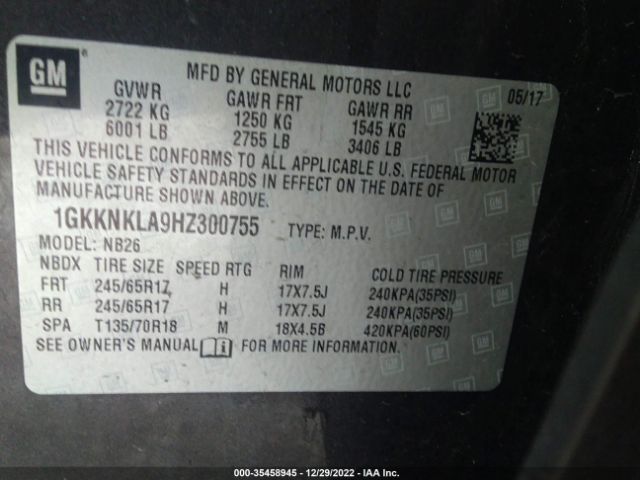 1GKKNKLA9HZ300755 GMC ACADIA SLE