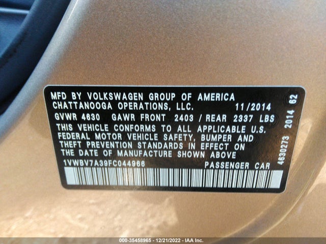 2015 Volkswagen Passat, VIN: 1VWBV7A39FC044966